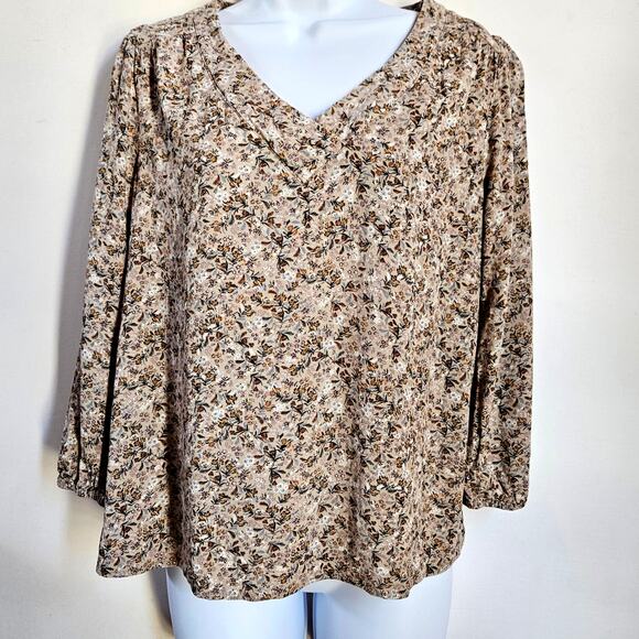 St. John's Bay Tan Floral Top Size M Long Sleeve Casual Cottagecore Boho Earthy - Picture 1 of 9